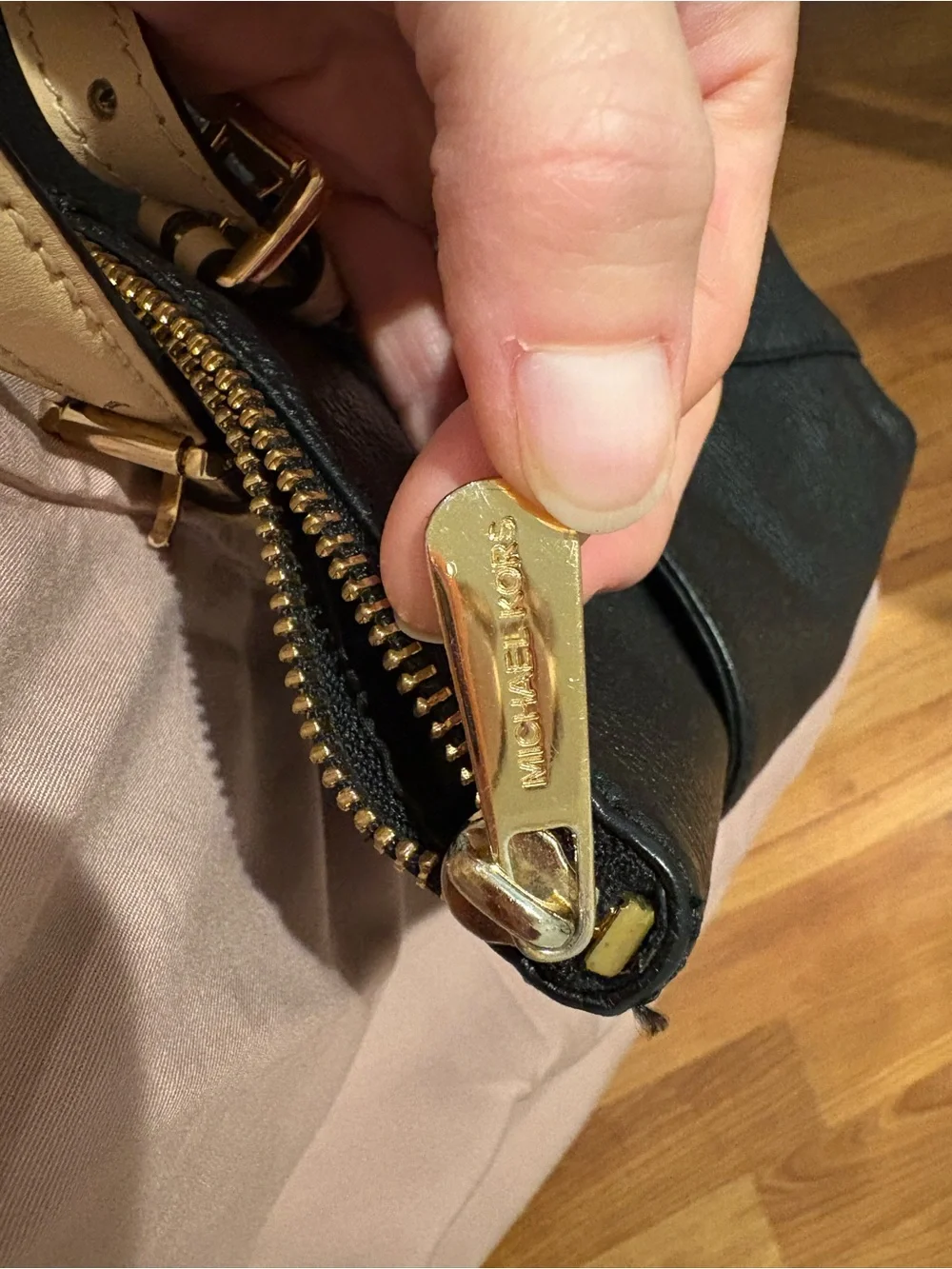 Michael Kors Black Leather Tote with Tan Straps and Gold MK Charm
